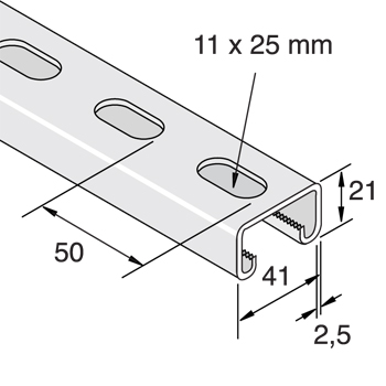Montagerail 41/21/2,5 L=3m RVS A4 detail 2