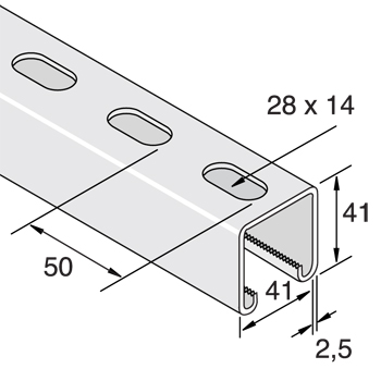 Montagerail 41/41/2,5 L=6m RVS A4 detail 2